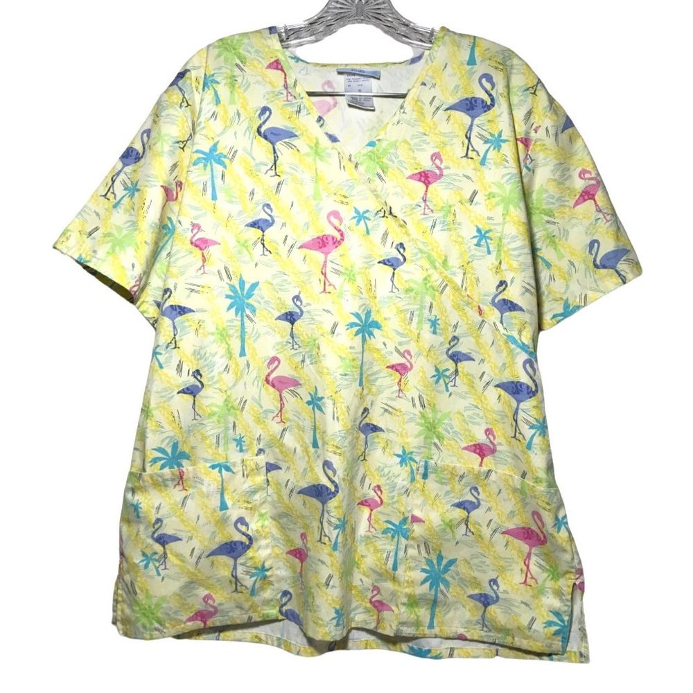 SB Brand Multicolor Flamingo Print Womens Scrub Top Size L Yellow